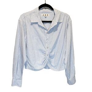 AMO Striped Linen Blend Cropped Long Sleeve Button Down Shirt - size Small